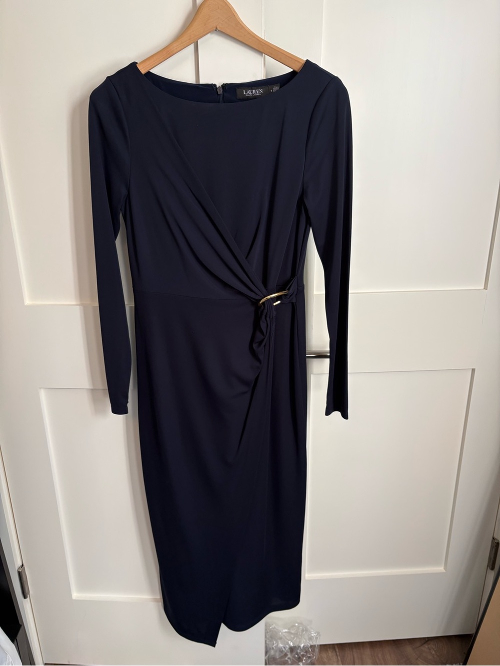Ralph Lauren Navy Long-Sleeve Faux Wrap Dress with Gold Buckle